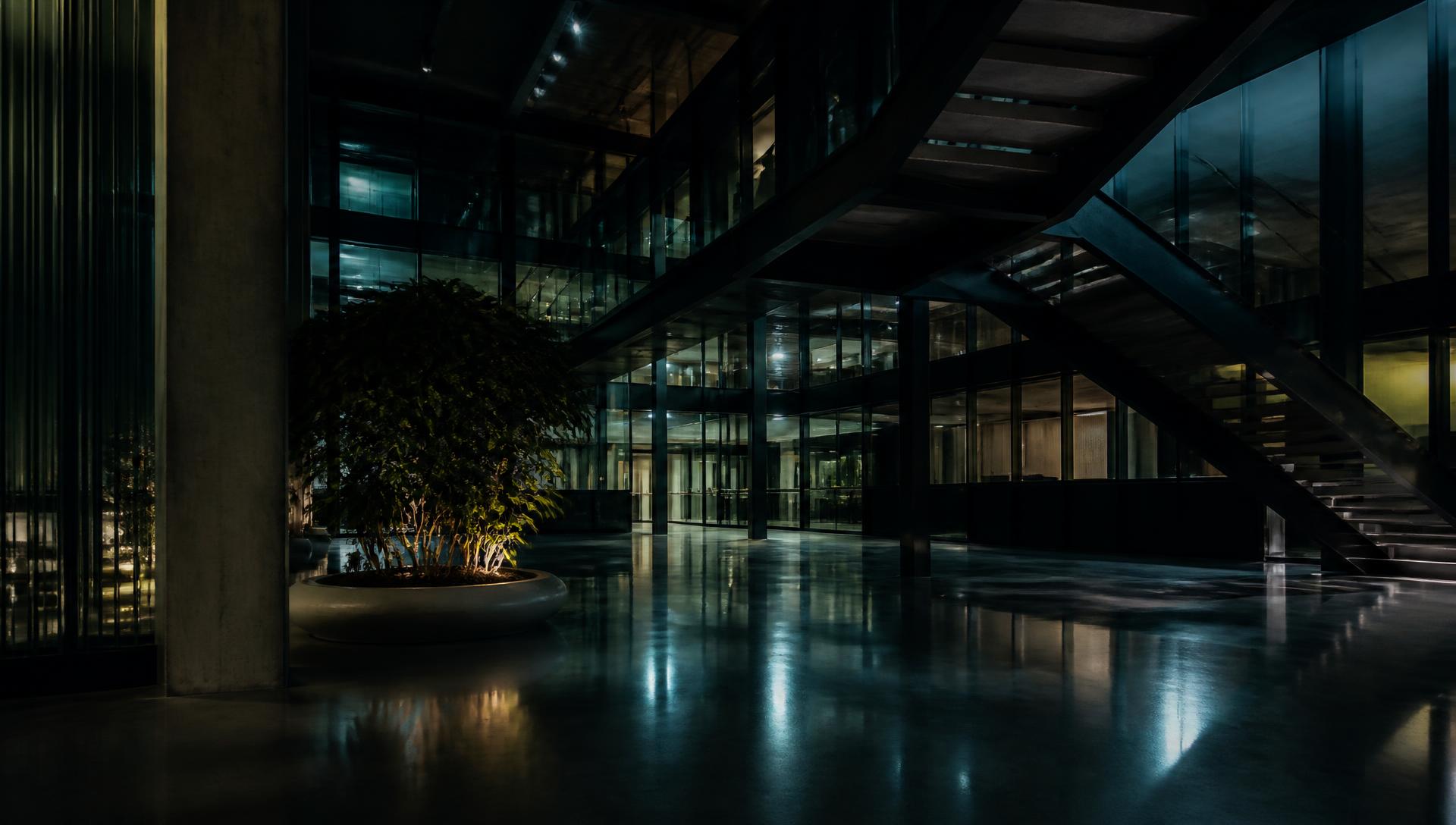 Donker, rustig kantoorgebouw in de avond — tijdelijke plaatshouder voor een authentiek MindYourStep-beeld.